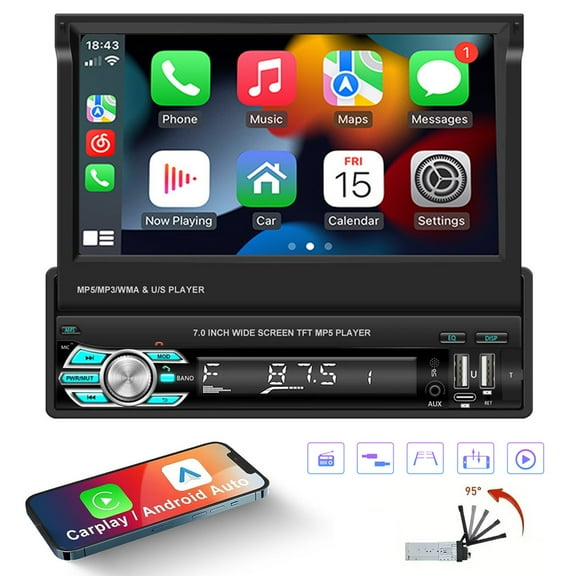 7 Inch Car Radio Foldable Touch Screen Single Din Stereo Caplay Android Auto Mirror Link FM Bluetooth USB TF AUX