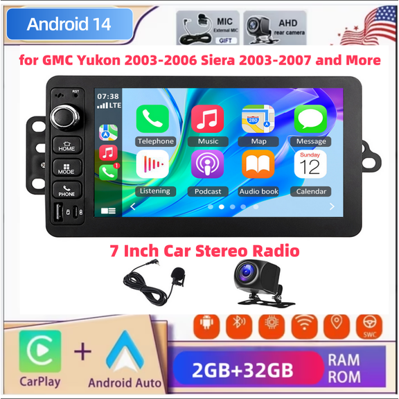 7 Inch Car Stereo Radio Android 14 Car Player 2+32G for GMC Yukon 2003-2006 Siera 2003-2007 and More WiFi Bluetooth SWC FM Radio GPS Navigation Head Unit with Carplay and Android Auto