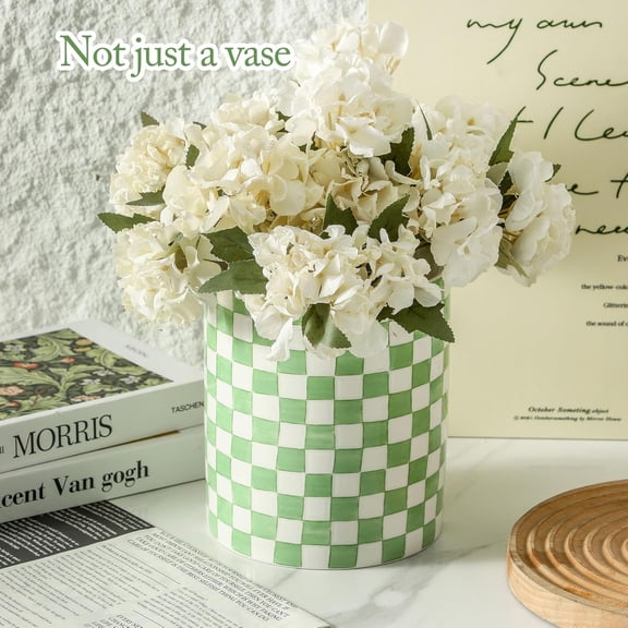 7 Inch Ceramic Hand Painted Sunflower Utensil Holder for Kitchen Counter, Large Stable Spatula Crock Organizer with Farmhouse Style Decoration (Green)