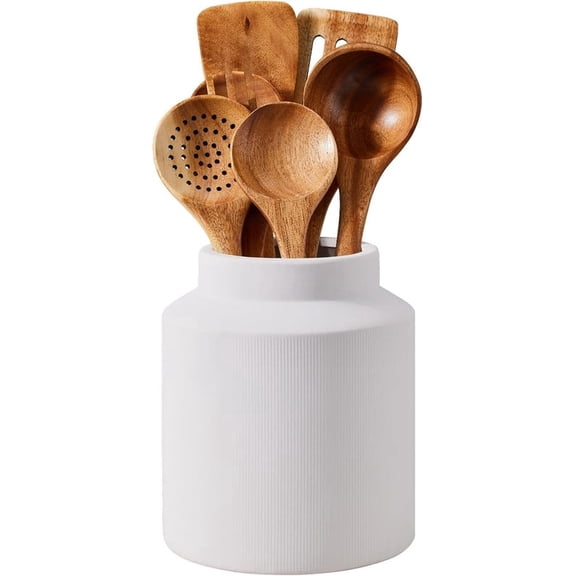 7 Inch Ceramic Utensil Holder for Kitchen Counter, White Ribbed Ceramic Storage Container, Round Kitchen Organizer for Spoons, Cooking Tools