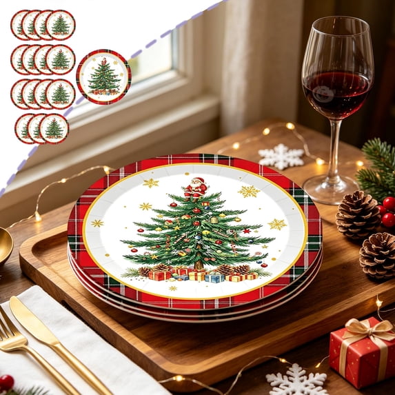 7 Inch Christmas Disposable Paper Plates, Red Black Plaid Gold Foil Merry Christmas Printed Heavy Duty Dessert Plates, Food Safe Disposable Tableware for Xmas Party Appetizer Cake Serving(20pc)