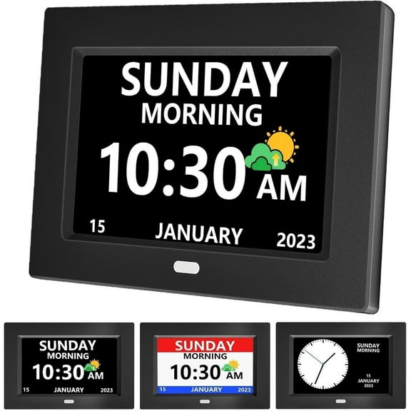 7 Inch Clock with Day and Date for Elderly Large Display Digital Clocks 12 Alarms 3 Display Modes Large Font Alzheimer's Clock Alarm Clocks for Seniors Auto DST Black