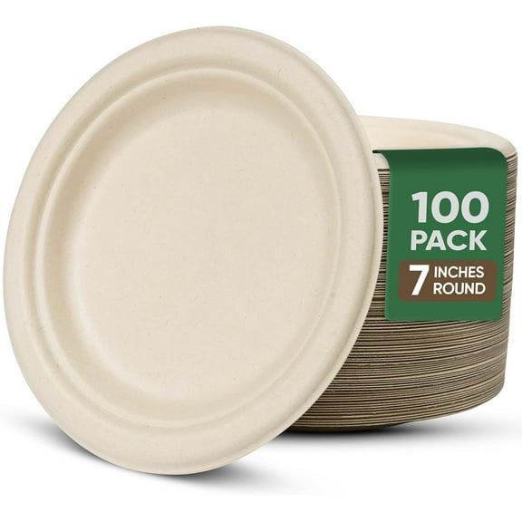 7 Inch Compostable Paper Plates 100 Pack - Heavy Duty Disposable Sugarcane Plates, Biodegradable, Microwavable, Oil and Water Resistant, Eco-Friendly Brown Dessert Plates for Parties