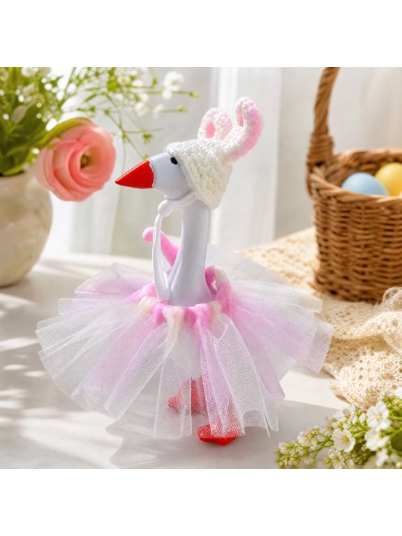 7 Inch Desk Goose Outfit, Easter Theme Knit Hat & Tulle Tutu Skirt Costume, Seasonal Decor Accessories for 7in Goose Figurine