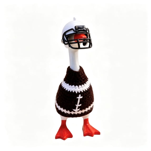 7 Inch Desk Goose Outfit Football Helmet With Face Guard And Brown Crochet Jersey For Mini Porch Statue Tabletop Display