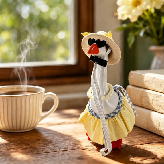 7-Inch Desktop Goose Country Style Pearl Necklace Outfit Set – Mini Figurine for Office Desk, Polyester