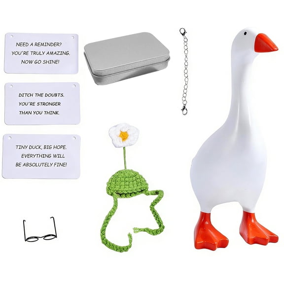 7-Inch Desktop Goose Gift Set With Storage Box, Knitted Hat, Glasses And Support Cards Plastic Figurine
