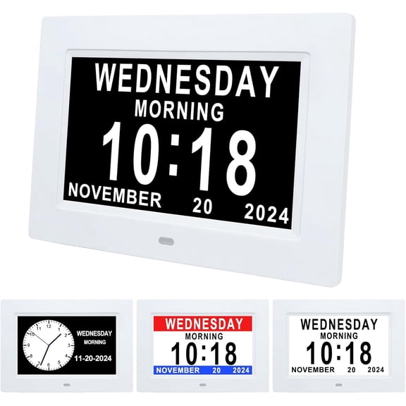 7 Inch Digital Clock with Day and Date for  Large Display for  Dementia Clock Customizable Alarms, 12 Alarms,4 Colors Display Digital Calendar  Clock (White)