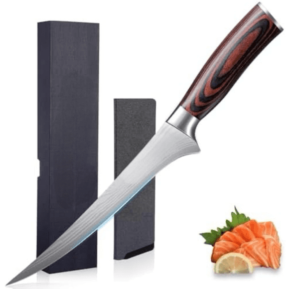 7 Inch Fillet Knife for Fish, Razor Sharp Boning Knife High Carbon Stainless Steel for Poultry Deboning and Meat Cutting, Japanese Filleting Knives with Ergonomic Pakkawood Handle, Sheath$$