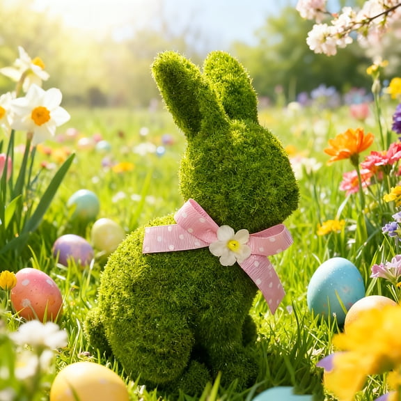 7-Inch Flocked Easter Bunny Figurine - Handmade Moss Green Rabbit Statue with Pink Polka Dot Bow - Weatherproof Resin Sculpture for Garden, Yard, Spring Home Decor & Easter Table Centerpiece