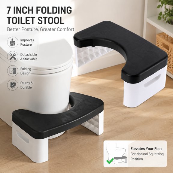 7 Inch Folding Toilet Stool for Healthy Squatting Posture, Bathroom Potty Step Stool, Toilet Assistance Steps, Detachable & Stackable, Fits All Toilets, Black