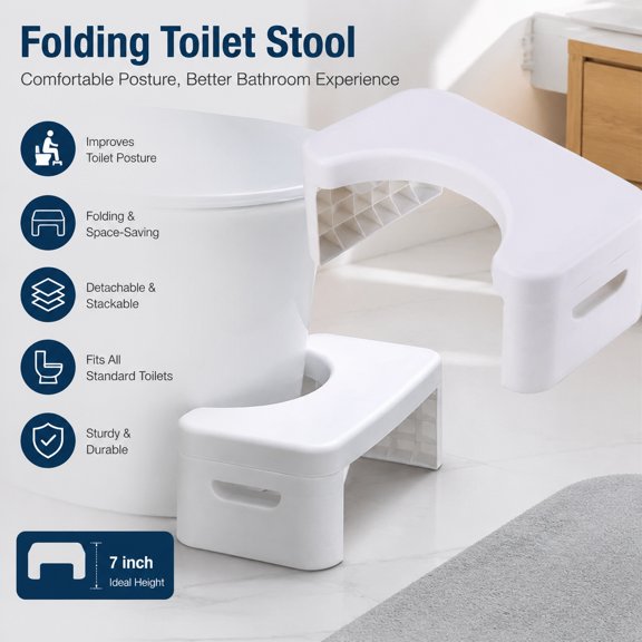 7 Inch Folding Toilet Stool, Squatting Potty Step Stool for Bathroom, Detachable & Stackable, Fits All Toilets, Ergonomic Design for Healthy Bathroom Posture