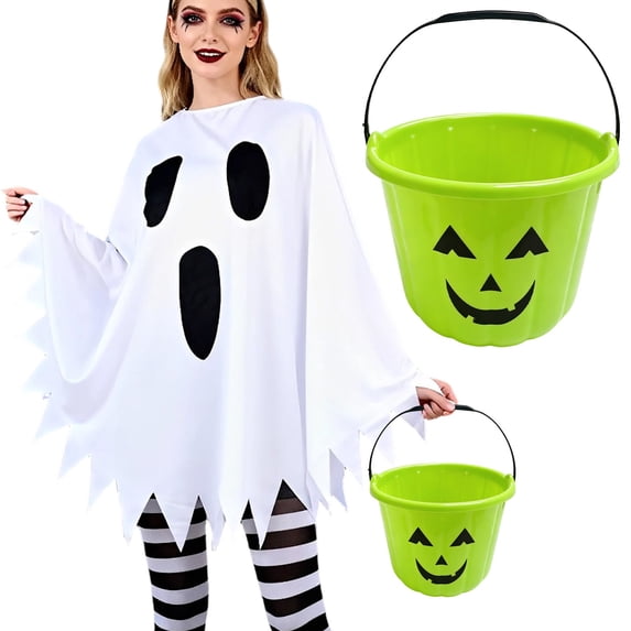 7 Inch Green Jack-O-Lantern Pumpkin Bucket, Portable Handle Plastic Candy Pail for Trick or Treat Halloween Party Layout