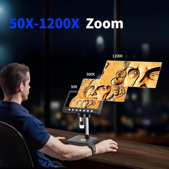 7 Inch HD Digital Microscope 1200X Magnification with Screen 8 LED Lights for Coin Inspection Soldering Repair