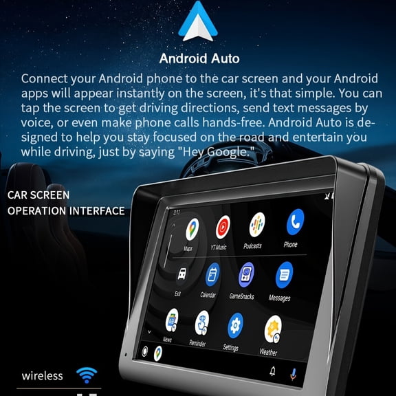 7 Inch HD Touch Screen Wireless Car Monitor with Mirror Link, Android Auto, Bluetooth Calling, GPS Navigation, Reversing Camera, BT/FM/AUX/USB, 12V-36V Power Supply