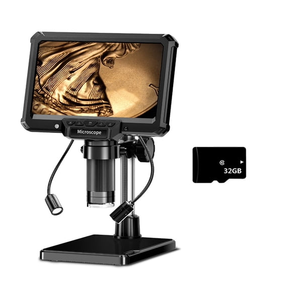 7-Inch HD Video Microscope with Light for PCB, Coins, and Plants Includes Stand, Data Cable, Remote, and 32GB Card