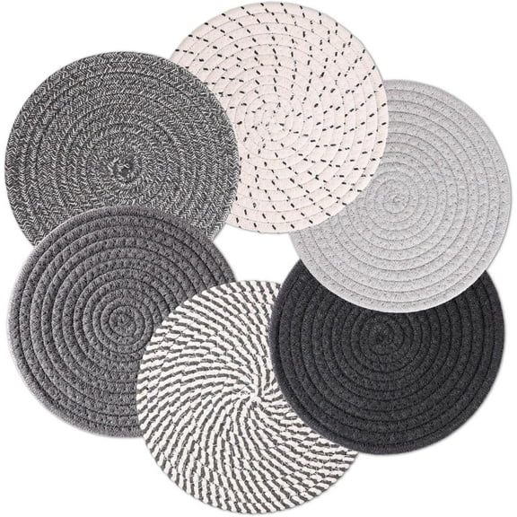 7 Inch Heat Resistant Trivets, Set of 6 Cotton Thread Weave Hot Pads for Dishes, Pots, and Pans, Non-Slip Coasters for Kitchen Countertops and Tables, Perfect for Home and Farmhouse Decor