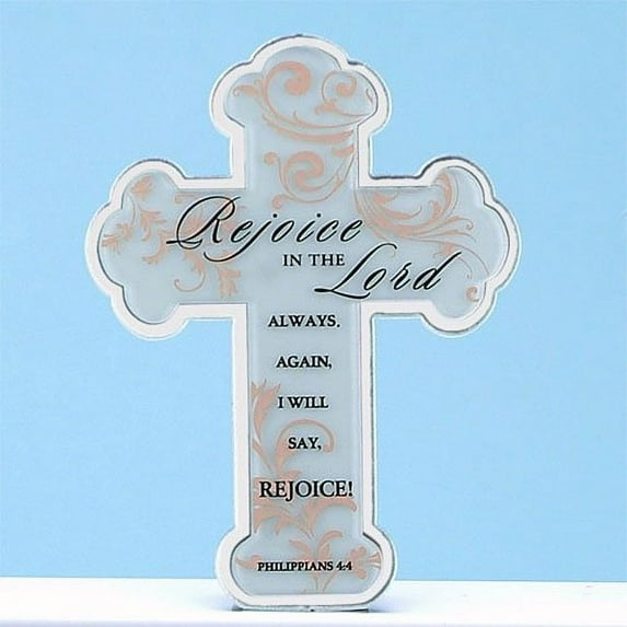 7 Inch Inspirational "Rejoice" Quote Glass Cross Display, Clear