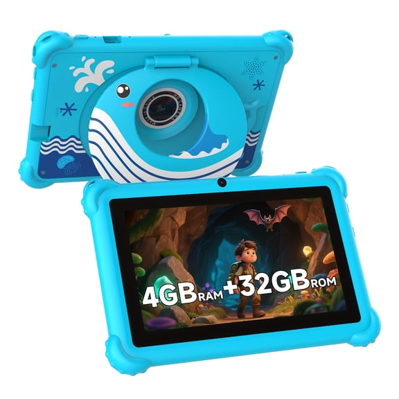 7 Inch Kids Android Tablet 4GB RAM 32GB Storage Support 512GB Expand, Dual Camera WiFi Stereo Speaker Eye Protection Parental Control Type-C Charging with ABS Case