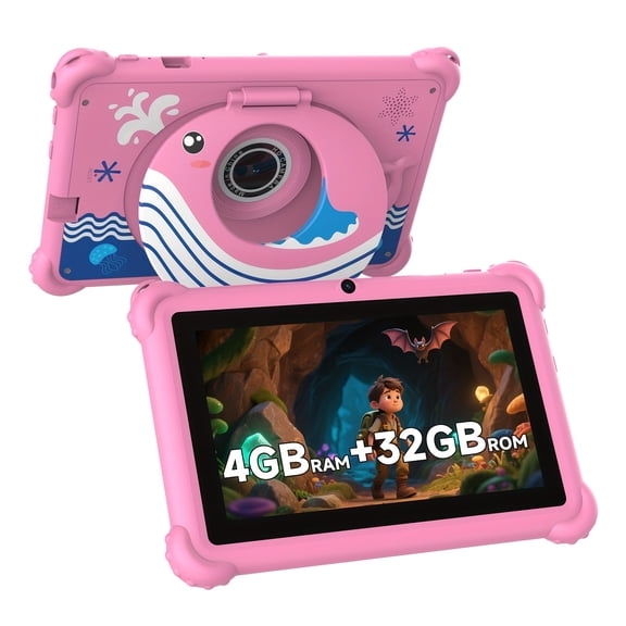 7 Inch Kids Android Tablet 4GB RAM 32GB Storage Support 512GB Expand, Dual Camera WiFi Stereo Speaker Eye Protection Parental Control Type-C Charging with ABS Case
