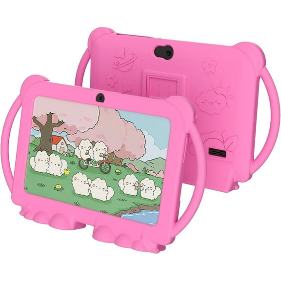 7 Inch Kids Tablet, Android Toddler Tablet for Kids, 4GB RAM+32GB ROM, Quad-core Processor, Parental Control, 1024x600 HD Screen, 3000mAh Battery, 8MP Camera Tablets PC with Silicone Case, Pink