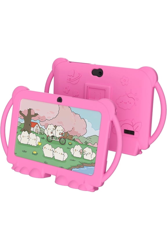 7 Inch Kids Tablet, Android Toddler Tablet for Kids, 4GB RAM+32GB ROM, Quad-core Processor, Parental Control, 1024x600 HD Screen, 3000mAh Battery, 8MP Camera Tablets PC with Silicone Case, Pink