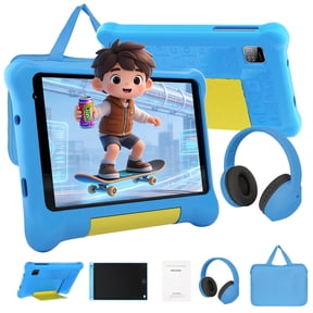 7 Inch Kids Tablet Bundle, Android 13 Educational Tablet with Case, Stylus, Headphones, LCD writing tablet and Bag, Blue