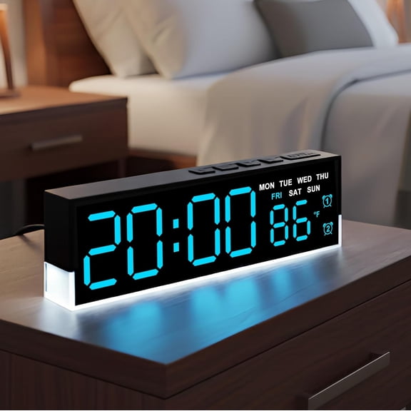 7 Inch LED Digital Alarm Clock with Dual Alarms & Bottom GlowDisplays Time, Date, Day, Temperature3-Level Auto/Manual Brightness, DST, USB or Battery Powered Modern Desk Clock (Blue)