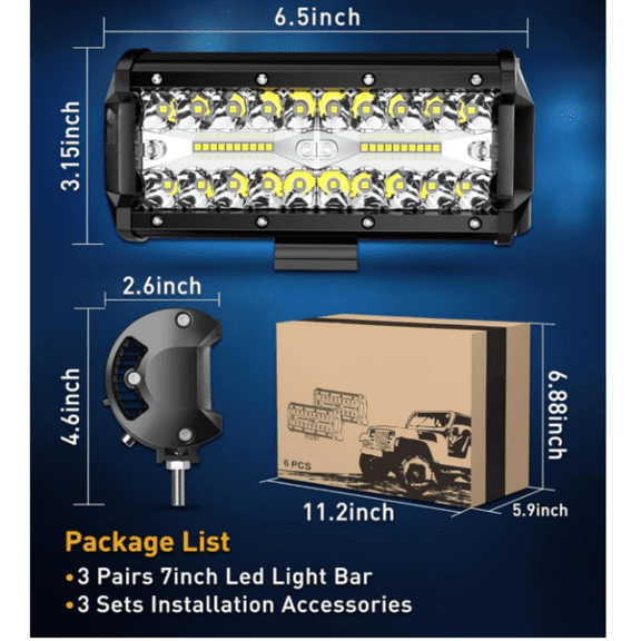 7 Inch LED Light Bar, 720W 72,000LM Offroad Fog/Driving Lights LED Tractor Lights with Spot Flood Combo Beam, Waterproof LED Work Lights for Truck Boat ATV UTV, 6 Pcs (White)