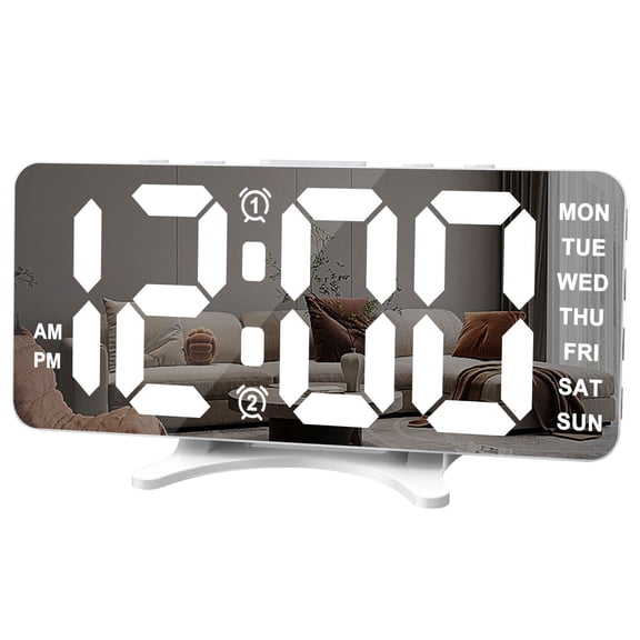 7 Inch LED Mirror Alarm Clock with Phone Charger Ports, Large Display Electronic Digital Clock for Makeup Vanity & Bedroom, Smart Light Sensor Auto Dimming, White