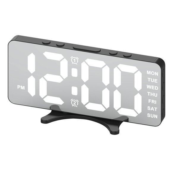 7 Inch Large Digital Alarm Clock with Dual USB Charging Ports, LED Mirror Surface Desk Clock with Day of Week Display, Auto Dimming for Bedroom Nightstand, Black