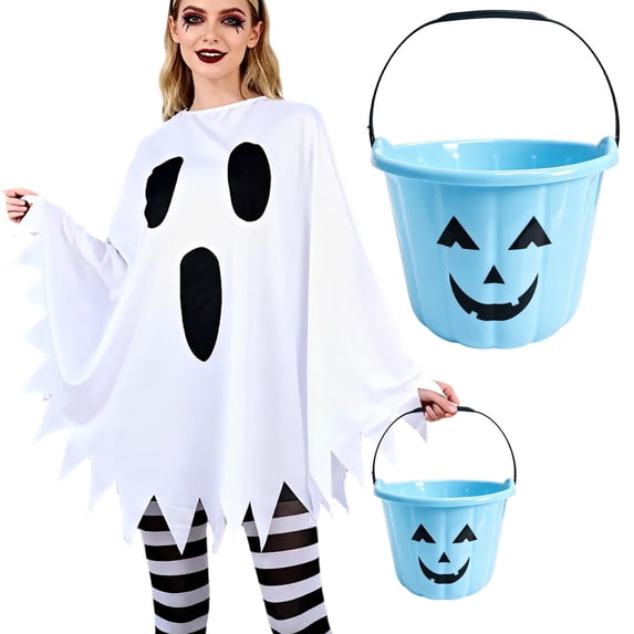 7 Inch Light Blue Pumpkin Bucket, Plastic Jack-O-Lantern Trick-or-Treat Basket Halloween Home Party Decor