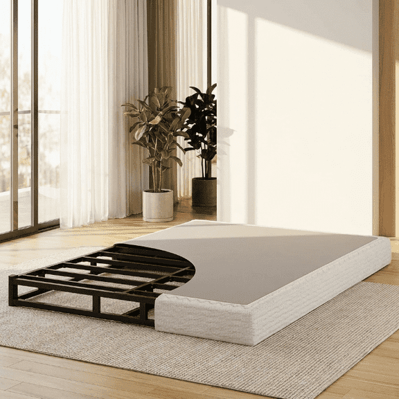 7 Inch Low Profile Box Spring King Size, Heavy Duty Metal Mattress Foundation with Fabric Cover, Quick Assembly Bed Frame Base, Black