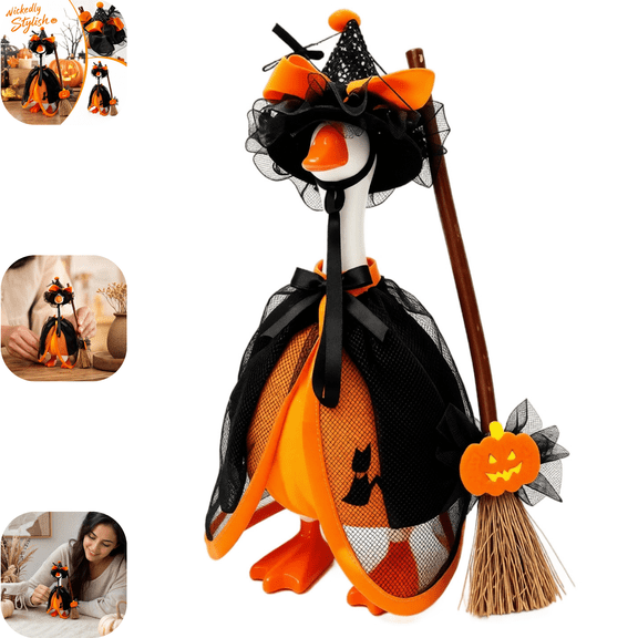 7Inch Magnetic Desk Goose Halloween Outfit, Witch Dressup Kit with Hat, Cape and Pumpkin Broom, Decor Clothes Fits 7Inch Desk Goose Figurine