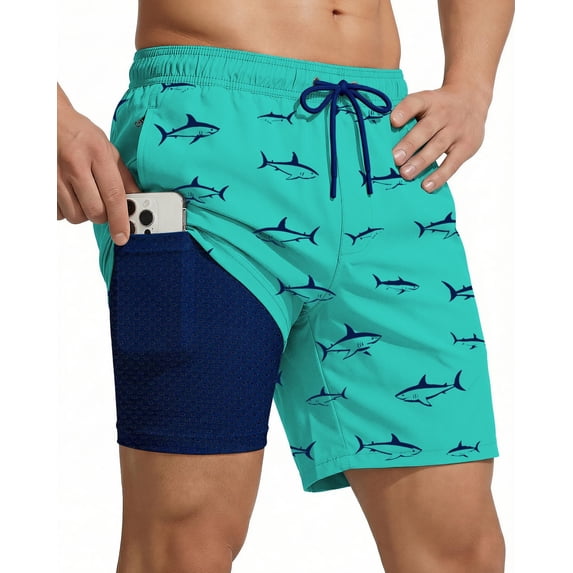 7 Inch Men Swim Trunks 2 in 1 with Compression Breathable Liner Quick Dry Stretch Zipper Pockets Summer Beach Shorts for Cruise Beach Pool Board