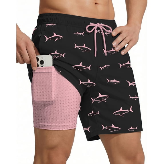 7 Inch Men Swim Trunks 2 in 1 with Compression Breathable Liner Quick Dry Stretch Zipper Pockets Summer Beach Shorts for Cruise Beach Pool Board