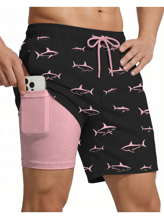 7 Inch Men Swim Trunks 2 in 1 with Compression Breathable Liner Quick Dry Stretch Zipper Pockets Summer Beach Shorts for Cruise Beach Pool Board