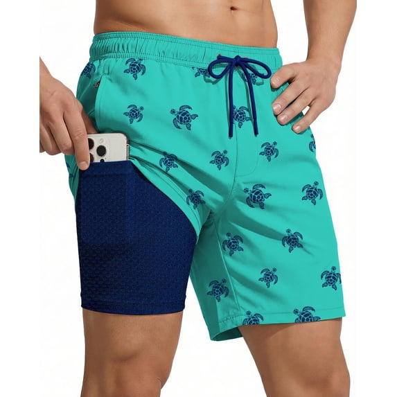 7 Inch Men Swim Trunks 2 in 1 with Compression Breathable Liner Quick Dry Stretch Zipper Pockets Summer Beach Shorts for Cruise Beach Pool Board