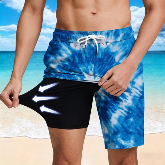 7 Inch Mens Swim Trunks: 2 in 1 with Compression Liner Pockets Drawstring Stretch Quick Dry Lined Funny Beach