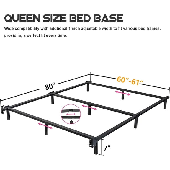 7 Inch Metal Bed Frame Queen Size, Compatible with Most Brand Box Spring Or Mattress, 9-Leg Support Bed Base, Headboard Attachable, Noise-Free, Easy Assembly, Black
