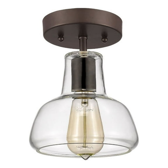 7 Inch Metal Ceiling Fixture with Bell Shape Glass Shade, Bronze and Clear