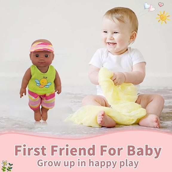 7 Inch Mini Baby Doll, Lightweight PVC Pretend Play Doll with Bee Print Tank & Striped Shorts, Detachable Washable Outfit, Portable Nurturing Gift for Toddler Girls Ages 3+