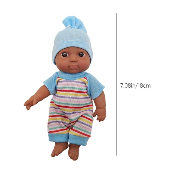 7 Inch Mini Newborn Doll, Lightweight PVC Pretend Play Doll with Rainbow Stripe Jumpsuit & Blue Hat, Detachable Washable Outfit, Portable Nurturing Toy Gift for Toddler Kids Ages 3+