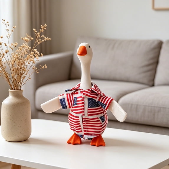 7 Inch Mini Porch Goose Outfit Set, Independence Day Costume with Hat for Desk Shelf Yard Decor, Red White Blue Patriotic Dress, Red