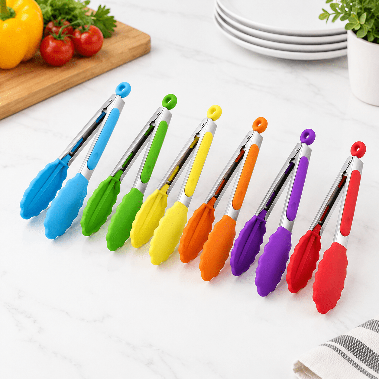 7 Inch Mini Silicone Food Tongs Set, Multi Colors x 6 - Mini Tongs Set ...