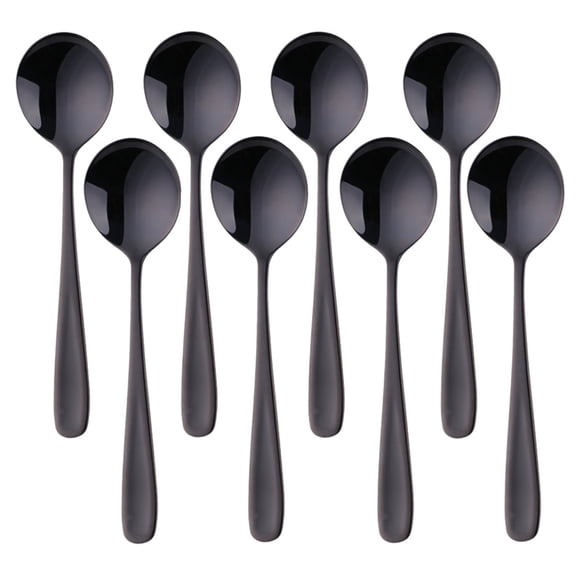 7-Inch Modern Dinner Spoons, Bouillon Spoons Set of 8, 18/10 Stainless Steel Round Soup Spoon, Perfect for Formal Dining & Gift Giving(Black)