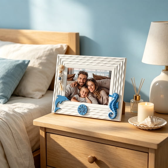 7 Inch Nautical Wooden Picture Frame, Beach Themed Tabletop Photo Frame Ornament, Beach Vacation Photo Ornament for Home Decor