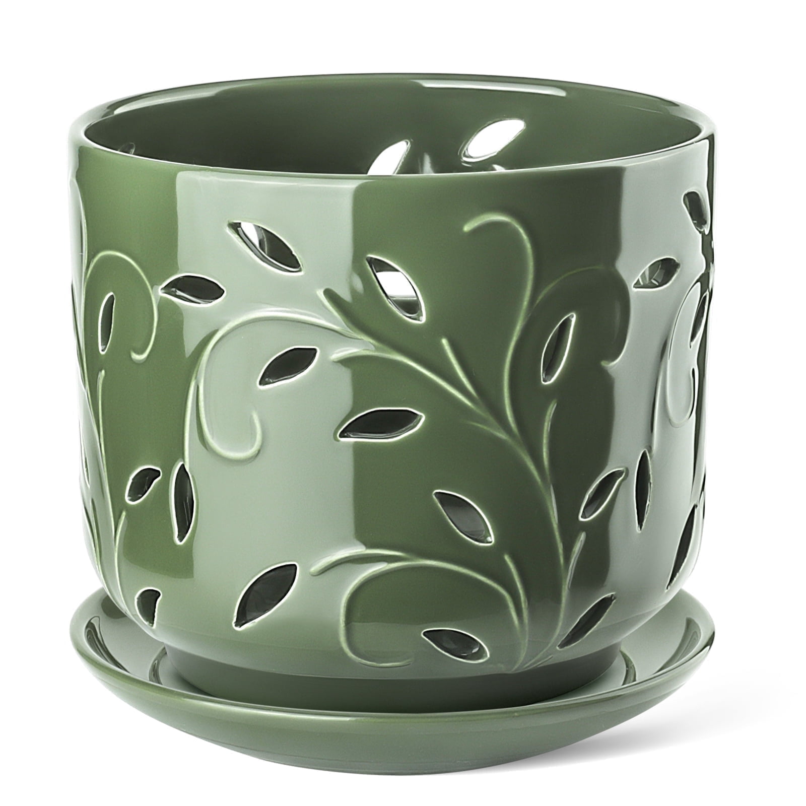 BUYMAX, Green Ceramic Orchid Pot, 7 inch, Drainage Holes and Tray