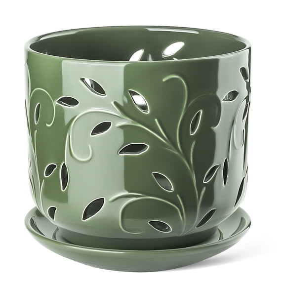 BUYMAX 7 inch Green Ceramic Orchid Pot with Drainage Holes and Tray – Large Indoor/Outdoor Planter for Repotting, New Plants & Orchid Care