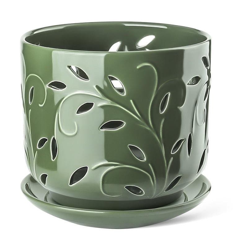 BUYMAX 7 inch Green Ceramic Orchid Pot with Drainage Holes and